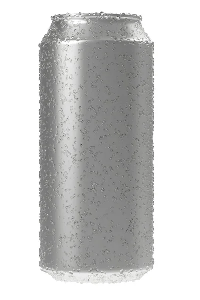 Aluminium öl eller läsk mock upp. Realistiska blank metallic kan omfattas av vattendroppar isolerad på vit bakgrund. 3D illustration — Stockfoto