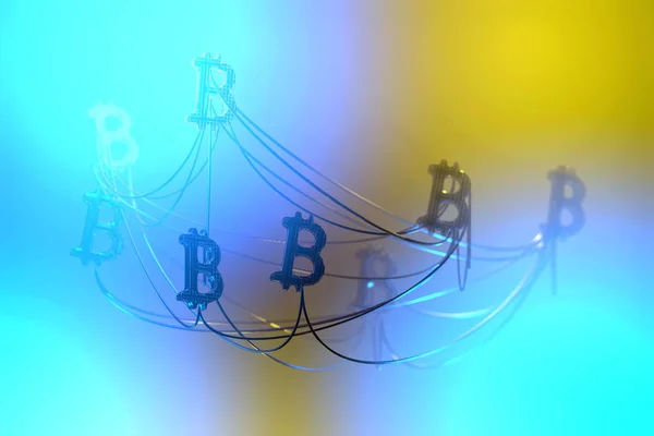 Signes Bitcoin d'or volant dans les airs et connectés les uns aux autres par le réseau de fil. Concept de crypto-monnaie. Illustration 3d — Photo