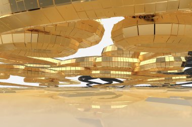 Modern gelecekteki mimari garip şekilli binalarda yukarı yönetmen spiraller şeklinde içerir. cephe kaplama siyah parlak malzeme yanı sıra altın yapılır. 3D çizim