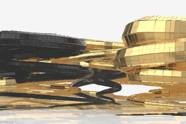 Abstracte moderne toekomstige architectuur bevat vreemd-vormige gebouwen in de vorm van spiralen naar boven gericht. gevelbekleding is in zwarte glimmende materiaal, ook in goud gemaakt. 3D illustratie — Stockfoto