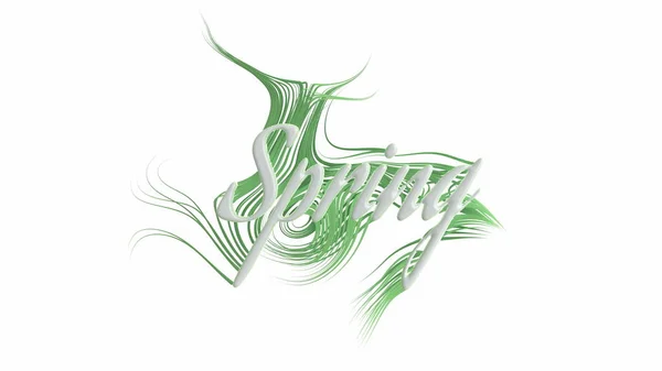 Słowo wiosna napis wykonany przez biały plactic i rośnie trawa faliste zielony i świeże. ilustracja 3D. Na białym tle — Zdjęcie stockowe