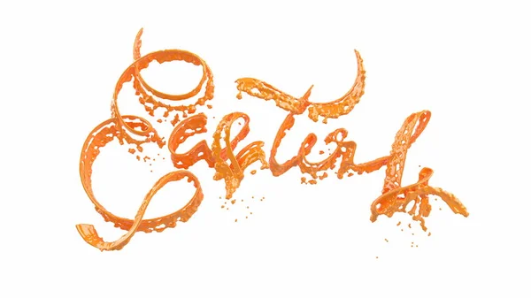 Feliz fundo de Páscoa com feito suculento líquido respingo de laranja. Convite realista 3d ilustração cartão de saudação, anúncio, promoção, cartaz, folheto, web-banner, artigo, mídia social — Fotografia de Stock