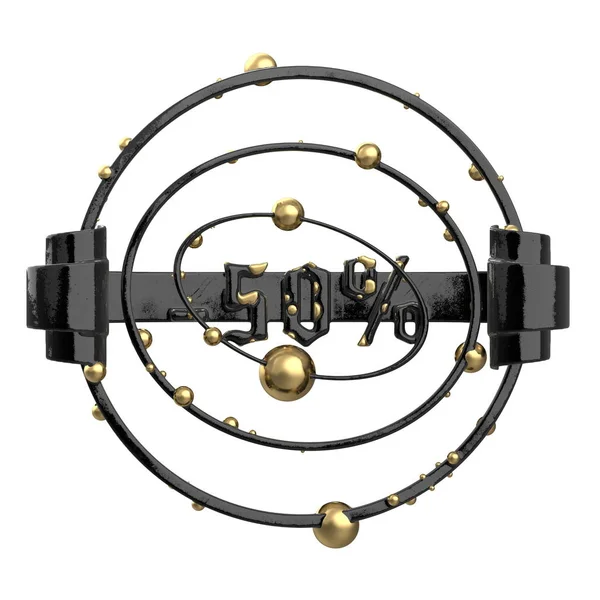 O sinal de 50 off. Feito de aço preto e esferas de metal dourado e detalhes isolar no fundo branco. ilustração 3d — Fotografia de Stock