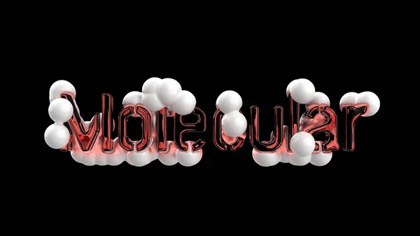 Modell av abstrakt molekylstruktur med ordet bokstäver gjorda av rött glas och vit sfärer. Isolerad på svart bakgrund. 3D render — Stockfoto