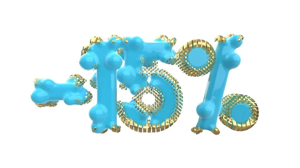 Znamení-15off. Vyrobeno z modré plastové nebo kovové a drahocenné zlaté izolát na bílém pozadí. 3D obrázek — Stock fotografie