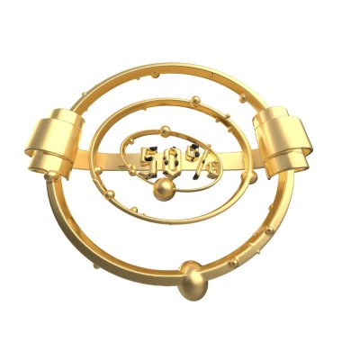 İşaret-50off. Altın metalden beyaz arka plan üzerinde ayrı tut. 3D çizim