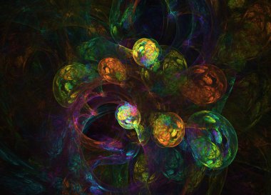 parlak gökkuşağı koyu arka plan boşluk evren üzerinde çizgiler ve küreler kavisli. İllüstrasyon.