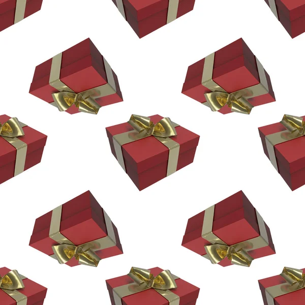 五颜六色和条纹红色箱子与礼物栓弓在白色背景。3d 例证无缝的样式背景 — 图库照片