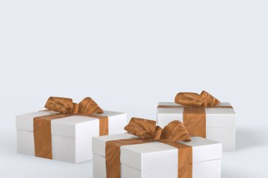 Beyaz arka plan üzerinde şerit yay ile yılbaşı yeni yıl renkli hediye kutuları. Senin metin için yer ile 3D çizim