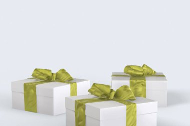 Beyaz arka plan üzerinde şerit yay ile yılbaşı yeni yıl renkli hediye kutuları. Senin metin için yer ile 3D çizim