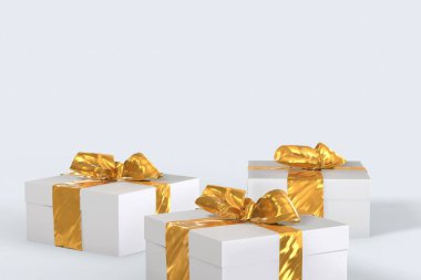 Beyaz arka plan üzerinde şerit yay ile yılbaşı yeni yıl renkli hediye kutuları. Senin metin için yer ile 3D çizim