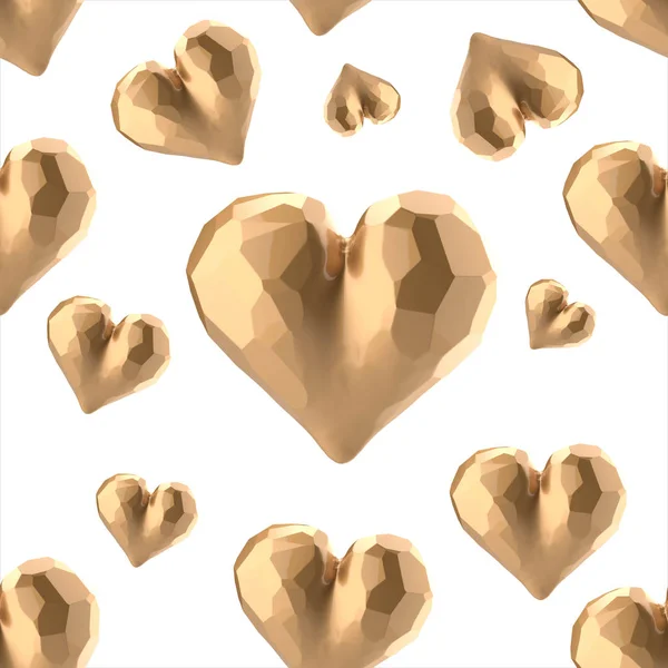 Глянцеві золоті кутові подрібнені серця з відображеннями ізольовані на яскравому фоні. Щасливий жіночий день 3d ілюстрація безшовний візерунок дизайну — стокове фото