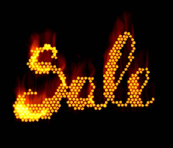 VENDITA parola fatta di fuoco in disegno scintillante caldo su sfondo nero — Foto Stock