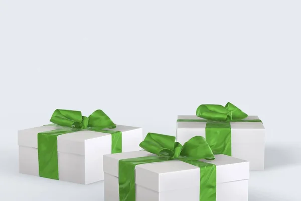 Χριστούγεννα Πρωτοχρονιά πολύχρωμο δώρο κουτιά με φιόγκους, κορδέλες για το λευκό φόντο. 3D απεικόνιση με χώρο για το κείμενό σας — Φωτογραφία Αρχείου