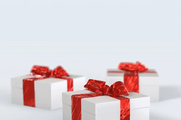 Karácsonyi-újévi színes ajándék dobozok, íjak a szalagok a fehér háttér. 3D-s illusztráció a szöveg szóközzel — Stock Fotó