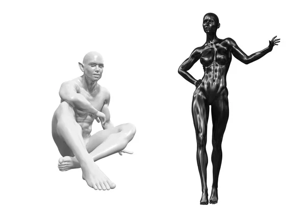 Espalda negra Torso femenino en primer plano y el hombre de fantasía elfo blanco en segundo plano. 3d renderizado ilustración conceptual médica — Foto de Stock