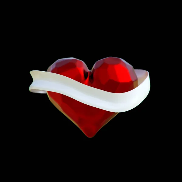 飞行红色切碎的心脏与白色丝带查出在黑色背景。文本情人节3d 插图模型的复制空间 — 图库照片