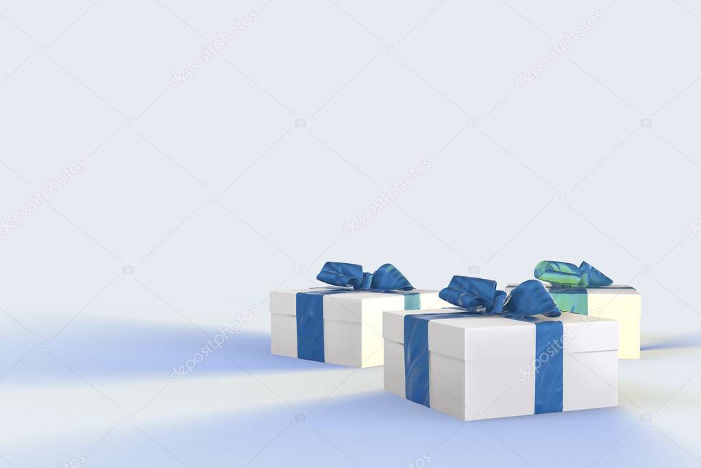 Christmas New Year colorful gift boxes with bows of ribbons on the white background. 3d illustration with space for your text
