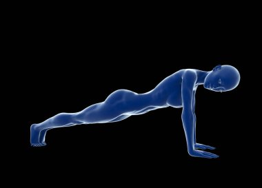 Siyah arka plan karşı katta çekirdek egzersiz yaparak genç kaslı kadın. Uygun erkek sağlık kulübü eğitim sırasında barfiks alıyorum. 3D çizim