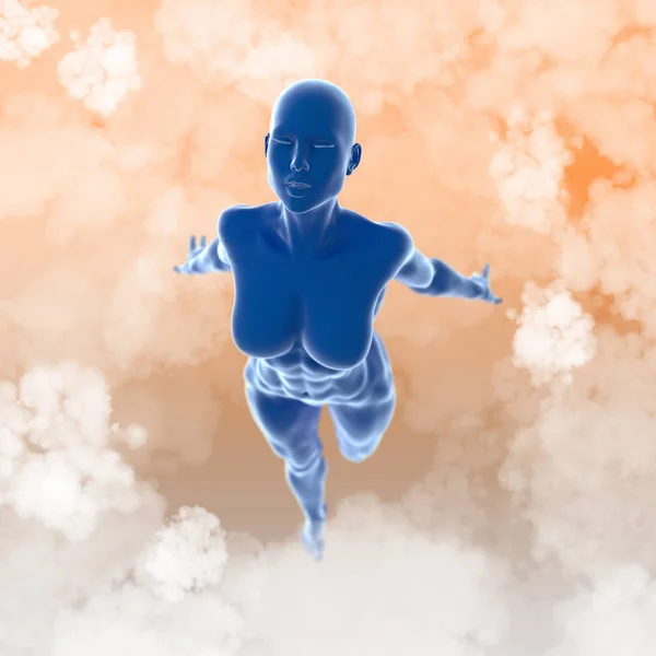 纤细诱人的运动员在空中飞扬, 布满了地球背景的云层。梦幻童话虚拟现实3d 插画 — 图库照片