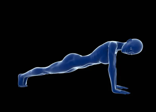 Ung muskulös kvinna gör core träning på golvet mot svart bakgrund. Passar kvinna får press-ups under utbildningen i health club. 3D illustration — Stockfoto