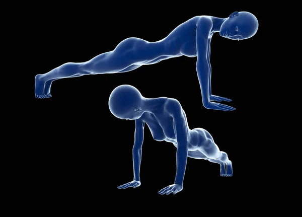 Jeune femme musclée faisant de l'exercice de base sur le sol sur fond noir. Fit femelle obtenir des press-ups pendant la formation dans le club de santé. Illustration 3d — Photo