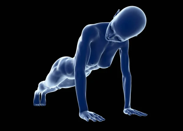 Mladý svalnatý žena dělá základní cvičení na podlaze proti černému pozadí. Fit žena dostává kliků během tréninku v klubu zdraví. 3D obrázek — Stock fotografie