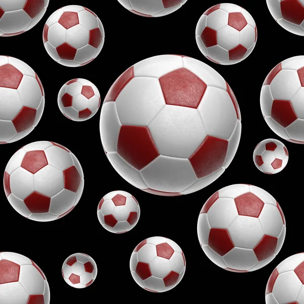 Футбольные мячи изолированы на черном фоне бесшовной картины 3D иллюстрации — стоковое фото