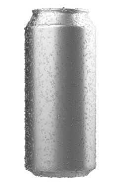 Alüminyum bira veya soda kadar sahte. Gerçekçi boş metalik beyaz arka plan üzerinde izole su damlaları tarafından kapalı. 3D çizim