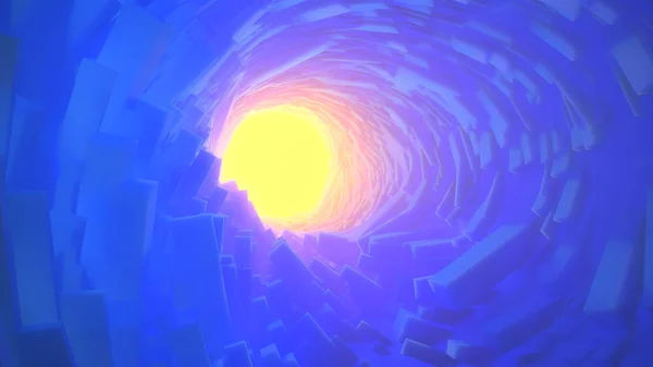 Tecnologia abstrata túnel redondo preenchido por caixas longas e luz amarela quente e volumétrica no fundo. Ilustração de renderização 3D com lugar para o seu texto — Fotografia de Stock