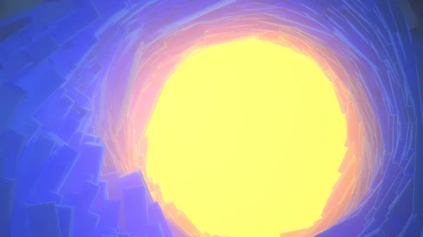 Abstracte technologie ronde tunnel gevuld door lange dozen en geel warm en volumetrische licht op de achtergrond. 3D rendering illustratie met plaats voor uw tekst — Stockfoto