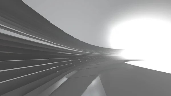 Abstracte moderne futuristische architectuur in de vorm van ronde buis-tunnel met volume licht. 3D render afbeelding achtergrond — Stockfoto