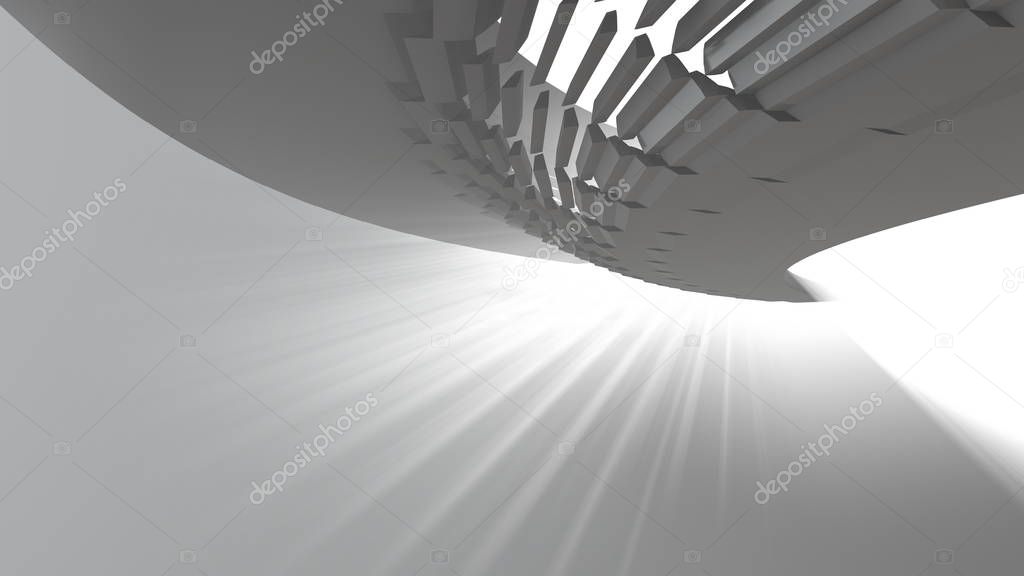 Abstract modern futuristic Architecture in shape of round tube tunnel With volume light. 3d Render Illustration background