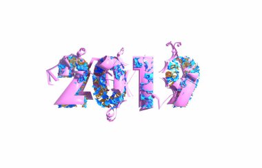 Mutlu yeni yıl afiş 2019 ile moda pembe renk numaralarını plastik ve organik matterwhite arka plan tarafından yapılmış. Soyut 3d çizim
