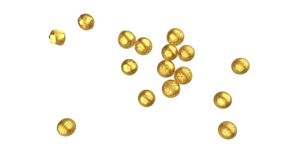 Voando esferas douradas oi-tech cobertas com um padrão interessante. Fundo abstrato. Design de capa moderna. Modelo de banner de anúncios. Papel de parede dinâmico com bolas ou partículas ilustração 3d — Fotografia de Stock
