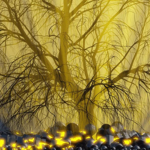 Eenzame boom zonder bladeren in de mist of nevel verlicht door helder oranje zonnegod stralen in de ruimte omgeven door zwarte bollen, dozen en helder licht gloeiende kubussen. Conceptuele 3d illustratie. Reizen en kamperen — Stockfoto