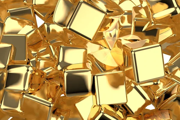 Grande mucchio di lingotti d'oro a forma di scatole, dettaglio illustrazione 3D primo piano. Rappresentazione concettuale di successo, ricchezza e prosperità — Foto Stock