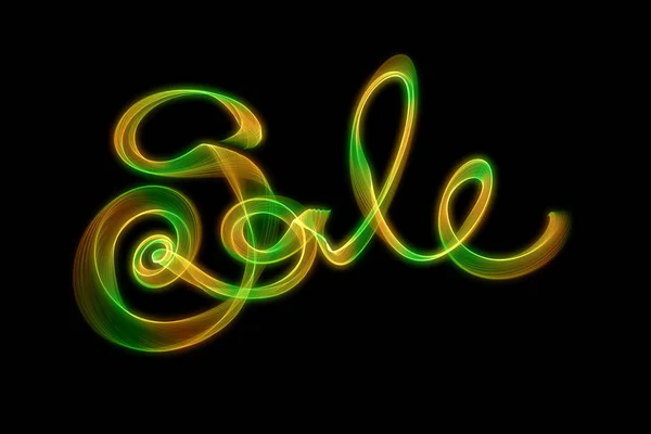 SALE word made of fire or smoke in green and red colors in hot sparkly design on black background