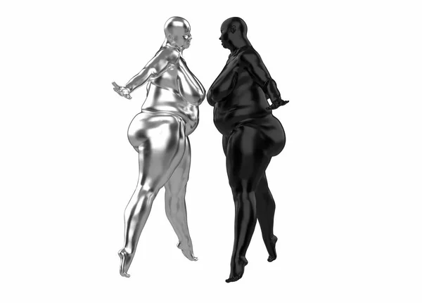 Two plump naked girls made of silver and plastic. They stands spreading legs and arms in different directions. 3d illustration Concept. Example of obesity and healthy lifestyle issues. side view — Stock Photo, Image