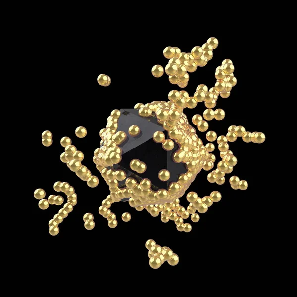 Modelo de estructura molecular abstracta con esferas doradas voladoras y núcleo de lowpoly brillante negro. Aislado sobre fondo negro. 3d renderizar — Foto de Stock