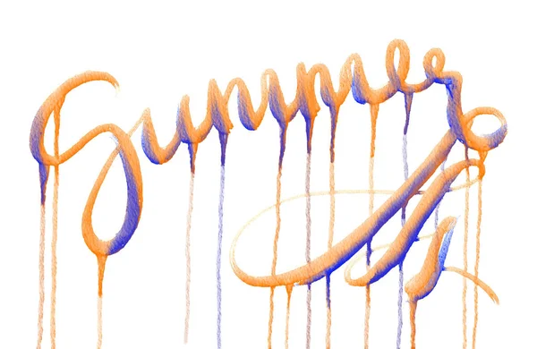 Parola estate disegnata da acquerello blu e arancione su sfondo bianco — Foto Stock