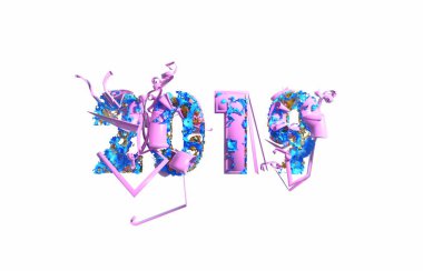 Mutlu yeni yıl afiş 2019 ile moda pembe renk numaralarını plastik ve organik matterwhite arka plan tarafından yapılmış. Soyut 3d çizim