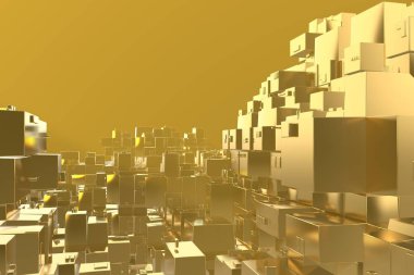 Servet zengin kavram fikir Golden city adlı günbatımı ışınları soyut uzay background.3d resim işleme