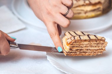 Bütün esterhazy torte ve bir dilim pasta bıçağı üzerinde. Kadının elele tutuşun. otantik tarifi, tatlı, Macaristan ve Avusturya görünümü yukarıdan, yakın çekim