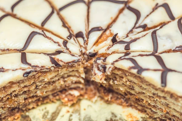 Esterhazy torte cake cut into pieces . Authentic recipe, hungarian and austrian dessert, view from above, close-up. Selective focus macro shot with shallow DOF — Stock Photo, Image