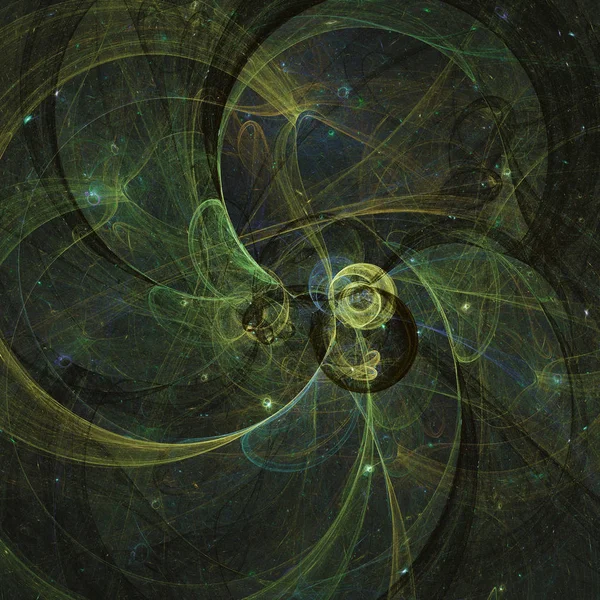Gloeiende ligh groene gebogen energielijnen over donkere abstracte achtergrond ruimte universum. Illustratie — Stockfoto