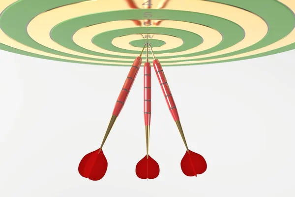 Τρία κόκκινα βελάκια χτυπήσει το bullseye. 3D απεικόνιση — Φωτογραφία Αρχείου