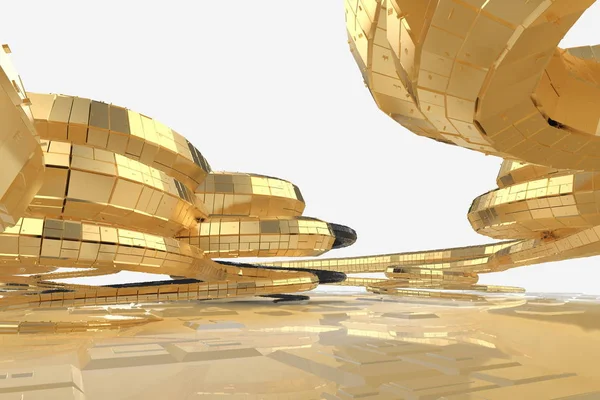 Modern gelecekteki mimari garip şekilli binalarda yukarı yönetmen spiraller şeklinde içerir. cephe kaplama siyah parlak malzeme yanı sıra altın yapılır. 3D çizim — Stok fotoğraf
