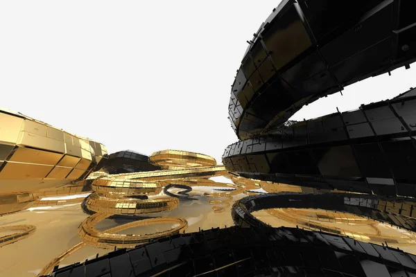 La future architecture moderne abstraite contient des bâtiments en forme d'étranges spirales dirigées vers le haut. revêtement de façade est faite en matériau brillant noir, ainsi qu'en or. Illustration 3d — Photo