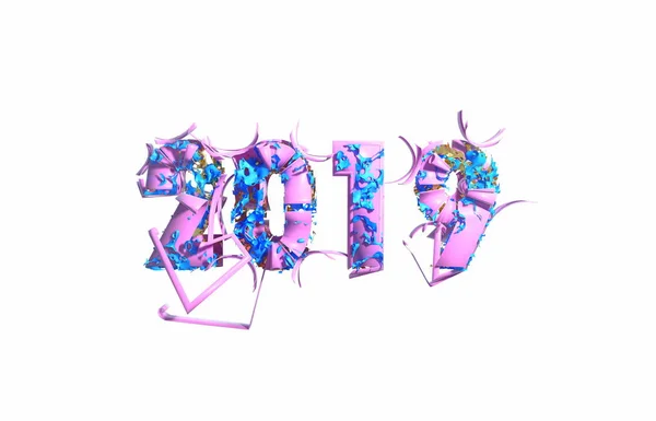 Happy New Year Banner with 2019 trendy pink color Numbers made by plastic and organic matterwhite Background. Abstract 3d illustration — Stock Photo, Image